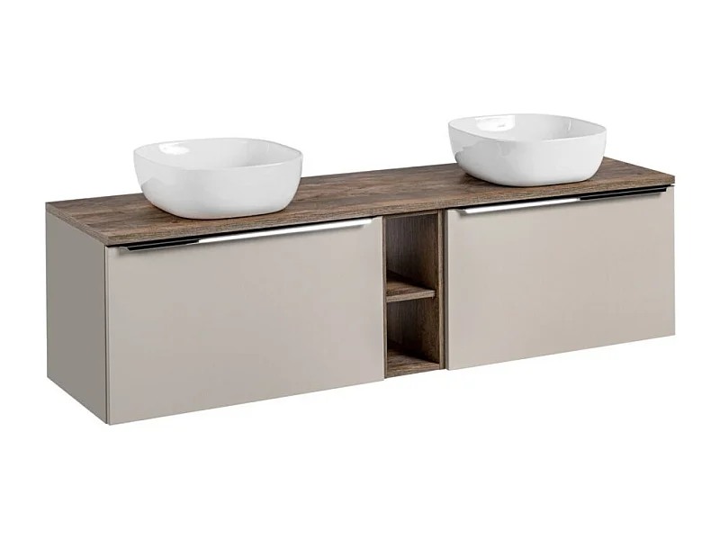 Ensemble de salle de bain VANTA taupe : meubles sous vasque 180cm + plan vasque + 2 vasques blanches à poser