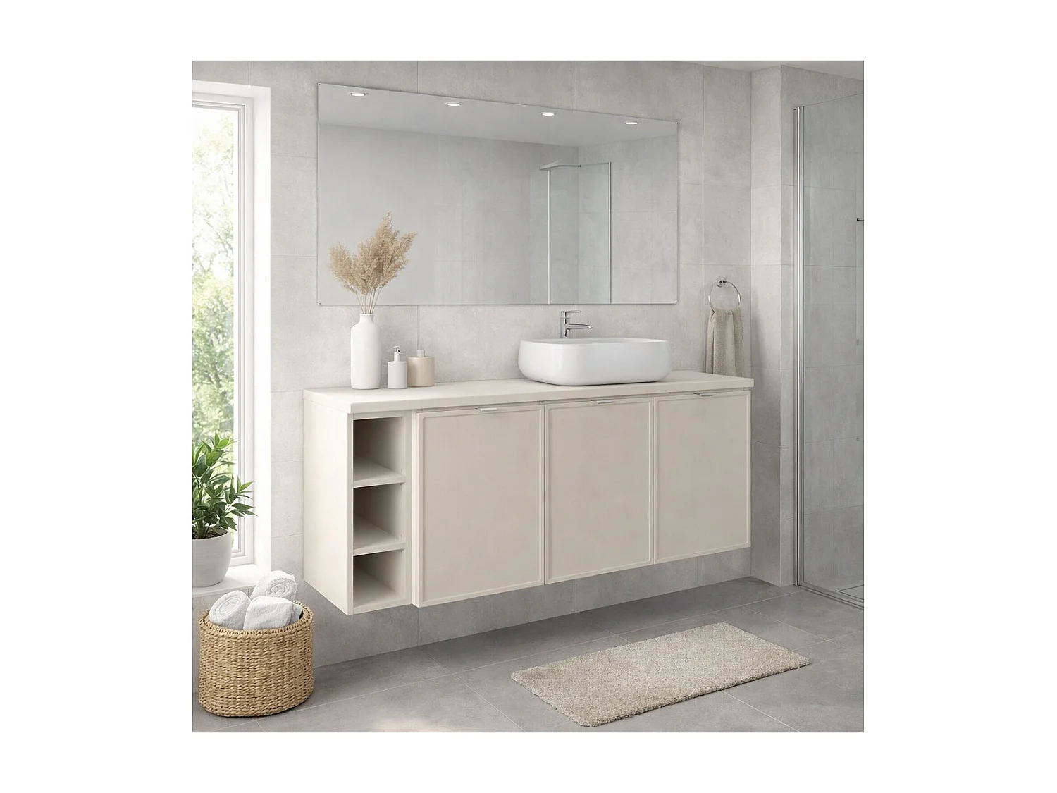 Ensemble BRAZZA : meubles sous vasque 140cm avec niches visibles + plan pour vasque + vasque arrondie à poser