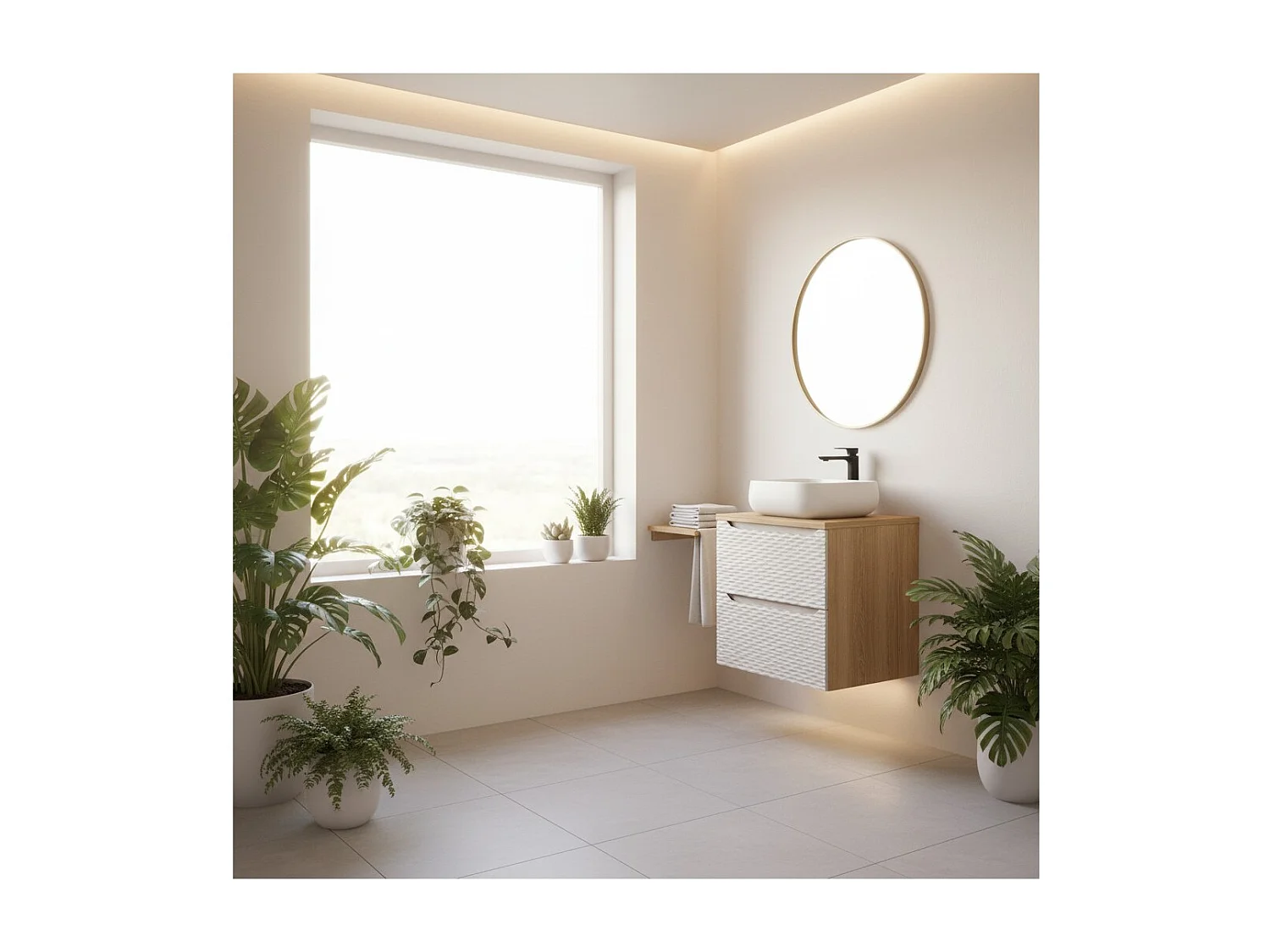 Ensemble de salle de bain YOKA beige : meuble sous vasque à tiroirs 60 cm + plan pour vasque + vasque