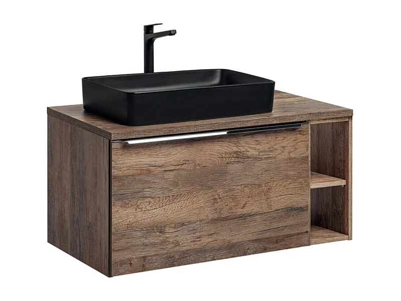 Ensemble de salle de bain VANTA chêne : meubles sous vasque 100cm + plan vasque + 1 vasque noire à poser