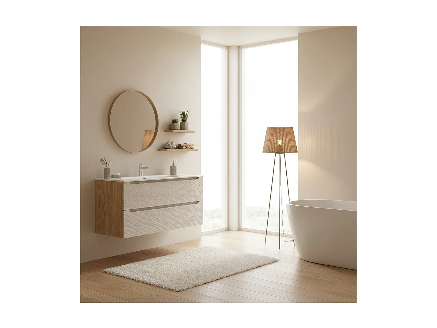Ensemble de salle de bain YOKA beige : meuble sous vasque à tiroirs 120 cm + vasque encastrée