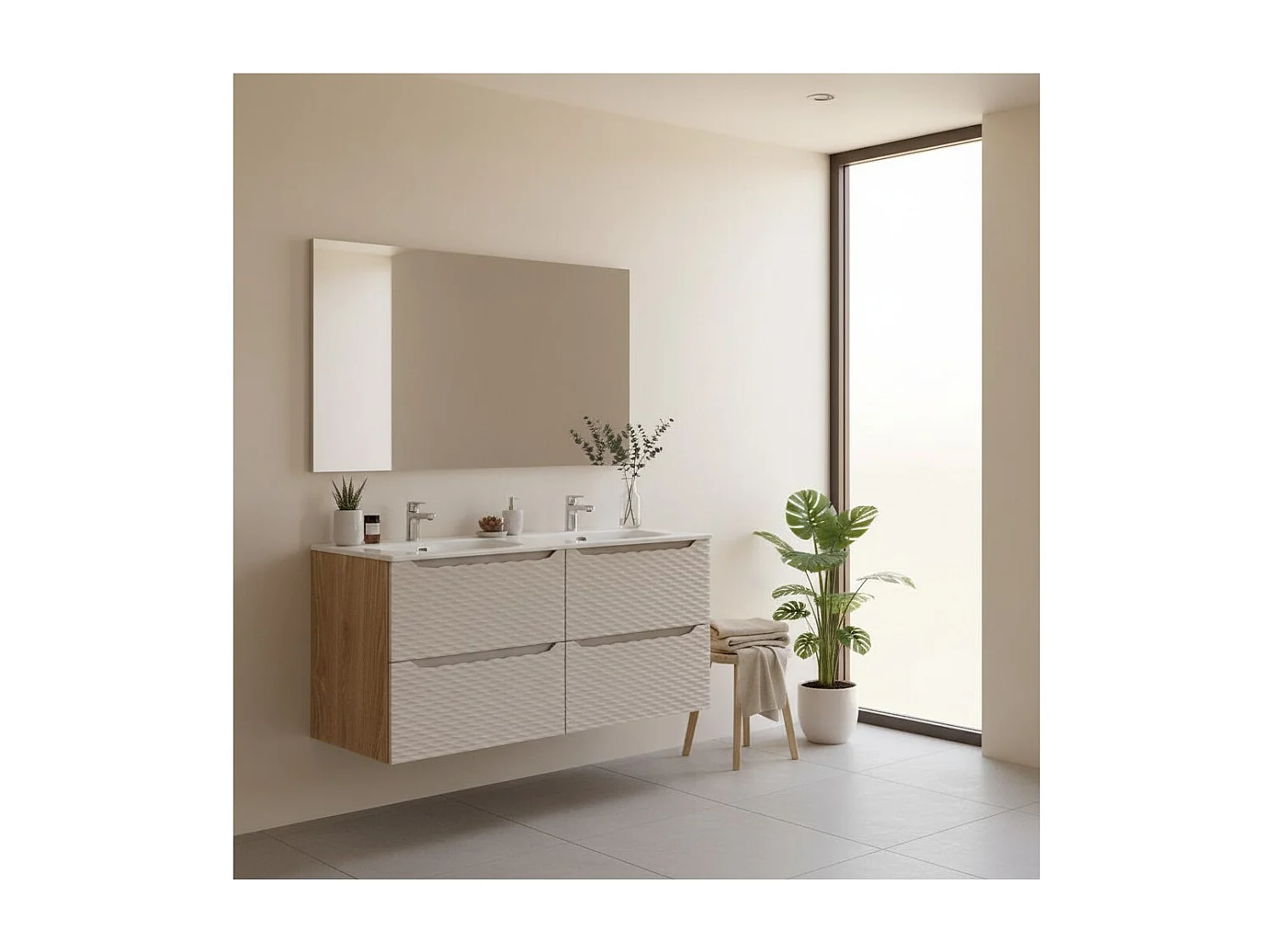 Ensemble de salle de bain YOKA beige : 2 meubles sous vasque 60cm à tiroirs + vasque à encastrer