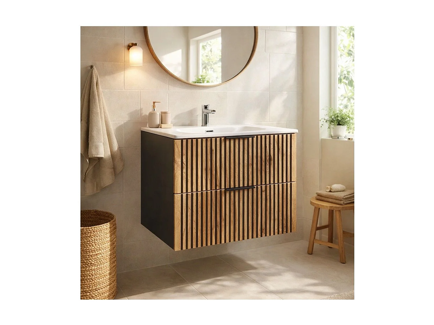 Ensemble de salle de bain KINOKO : meuble sous vasque à tiroirs 60cm + vasque à encastrer blanche + siphon