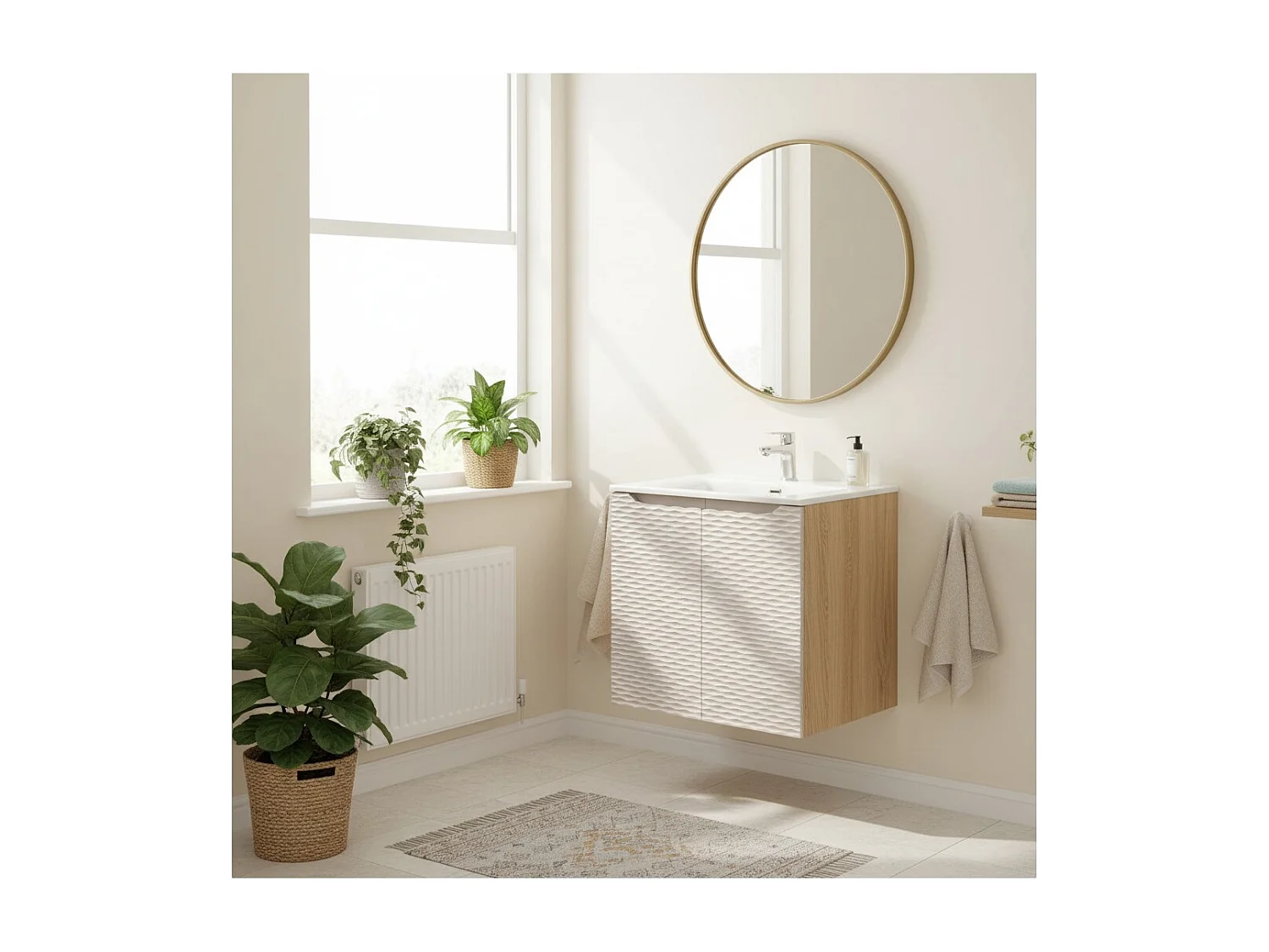 Ensemble de salle de bain YOKA beige : meuble sous vasque à placards 60 cm + vasque à encastrer