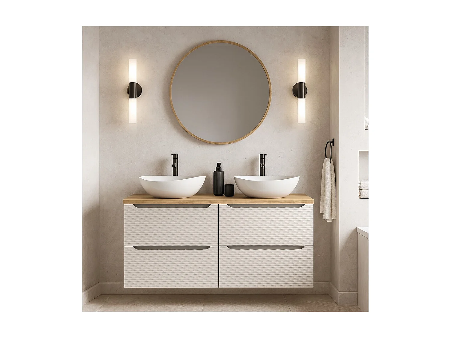 YOKA beige badkamerset: 2 onderkasten 60 cm + blad voor wastafel + 2 wastafels