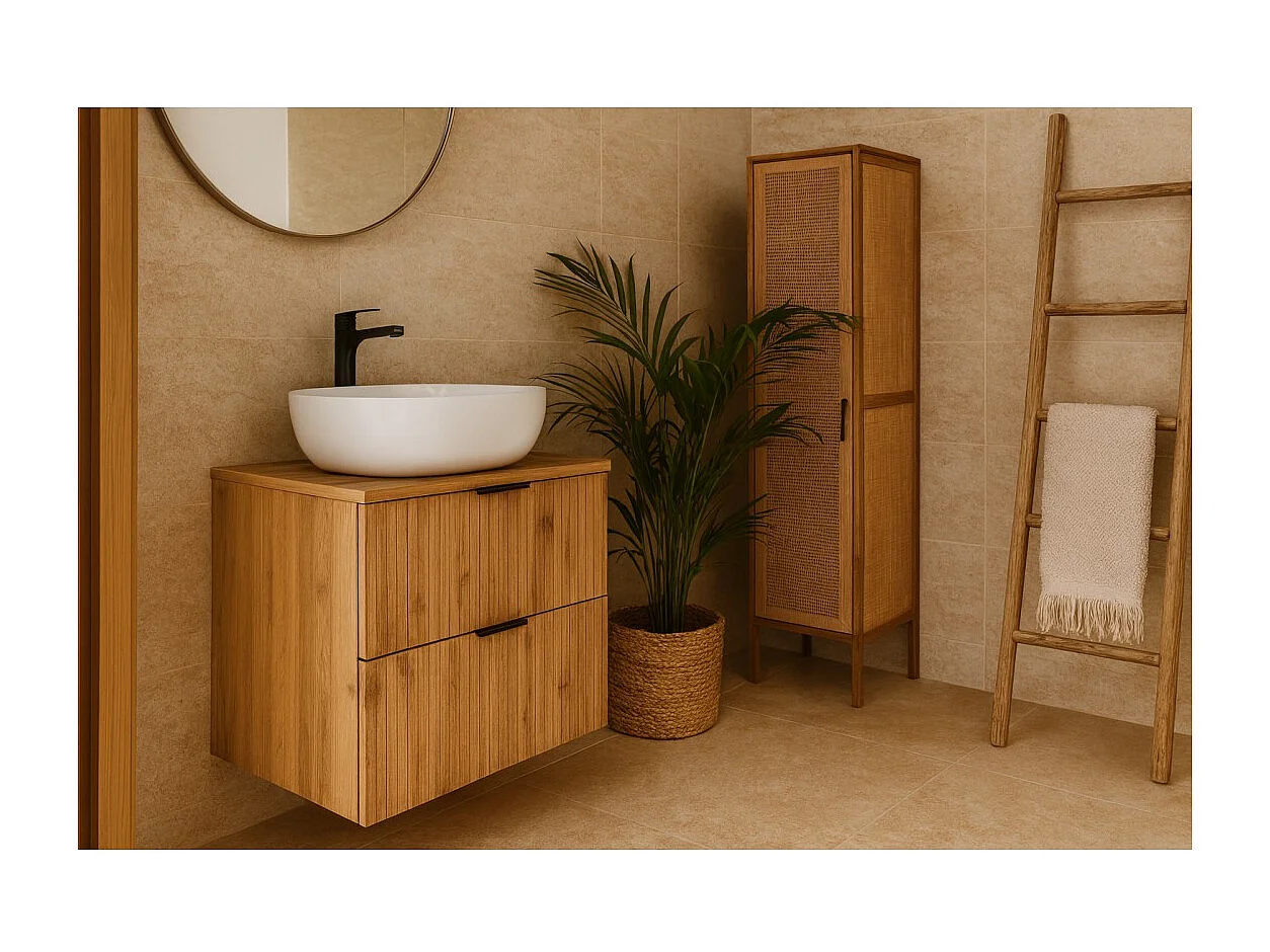 Ensemble de salle de bain NOXERA 60 cm – Chêne wotan – Meuble sous vasque avec plan pour vasque et vasque