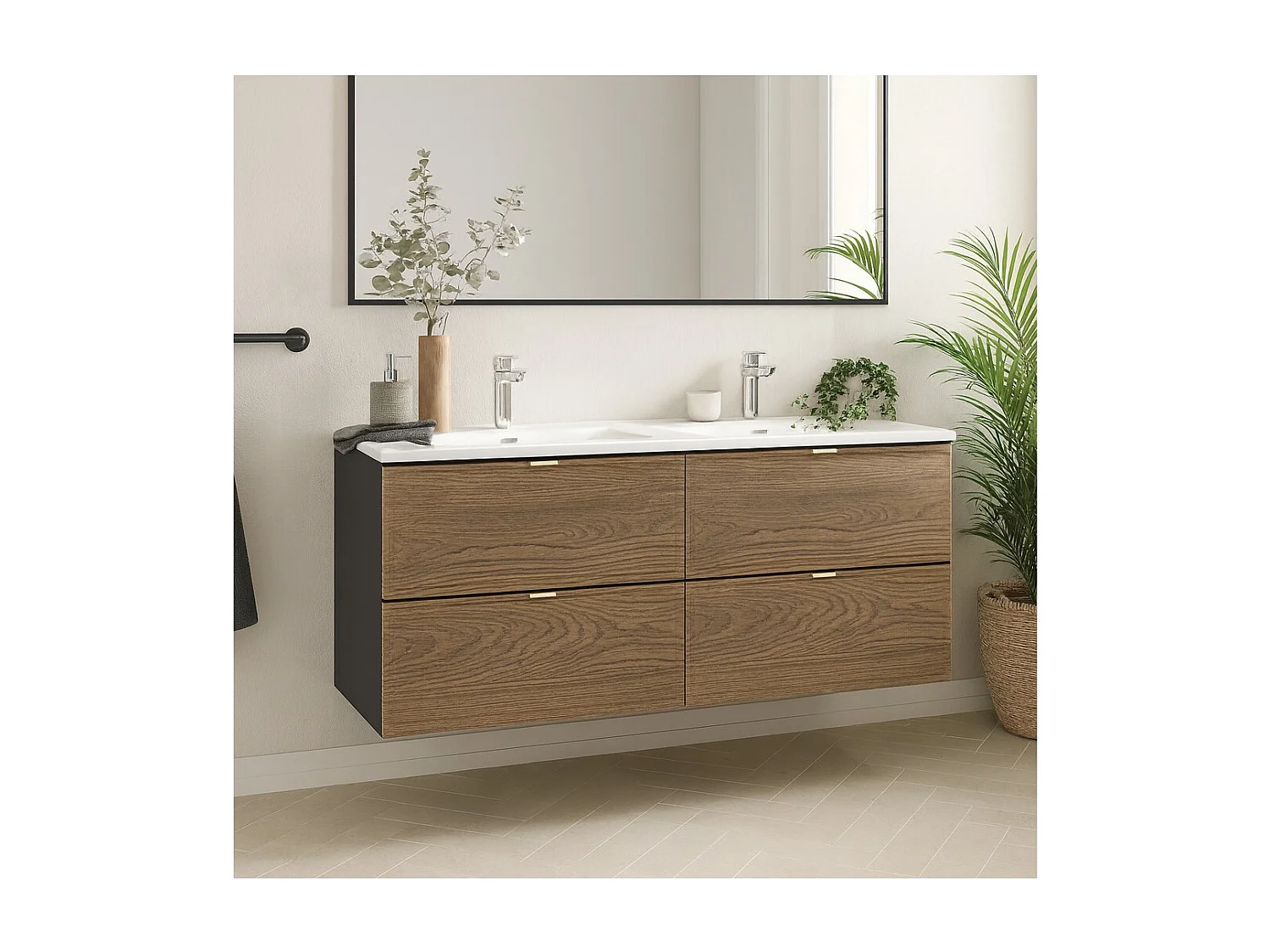 Ensemble de salle de bain SAVIA : meubles sous vasque 120cm + double vasque blanche à encastrer
