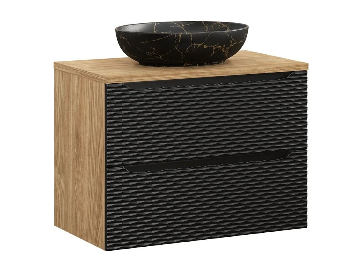 Ensemble de salle de bain YOKA noir : meuble sous vasque à tiroirs 80 cm, plan pour vasque, vasque effet marbre noir et or