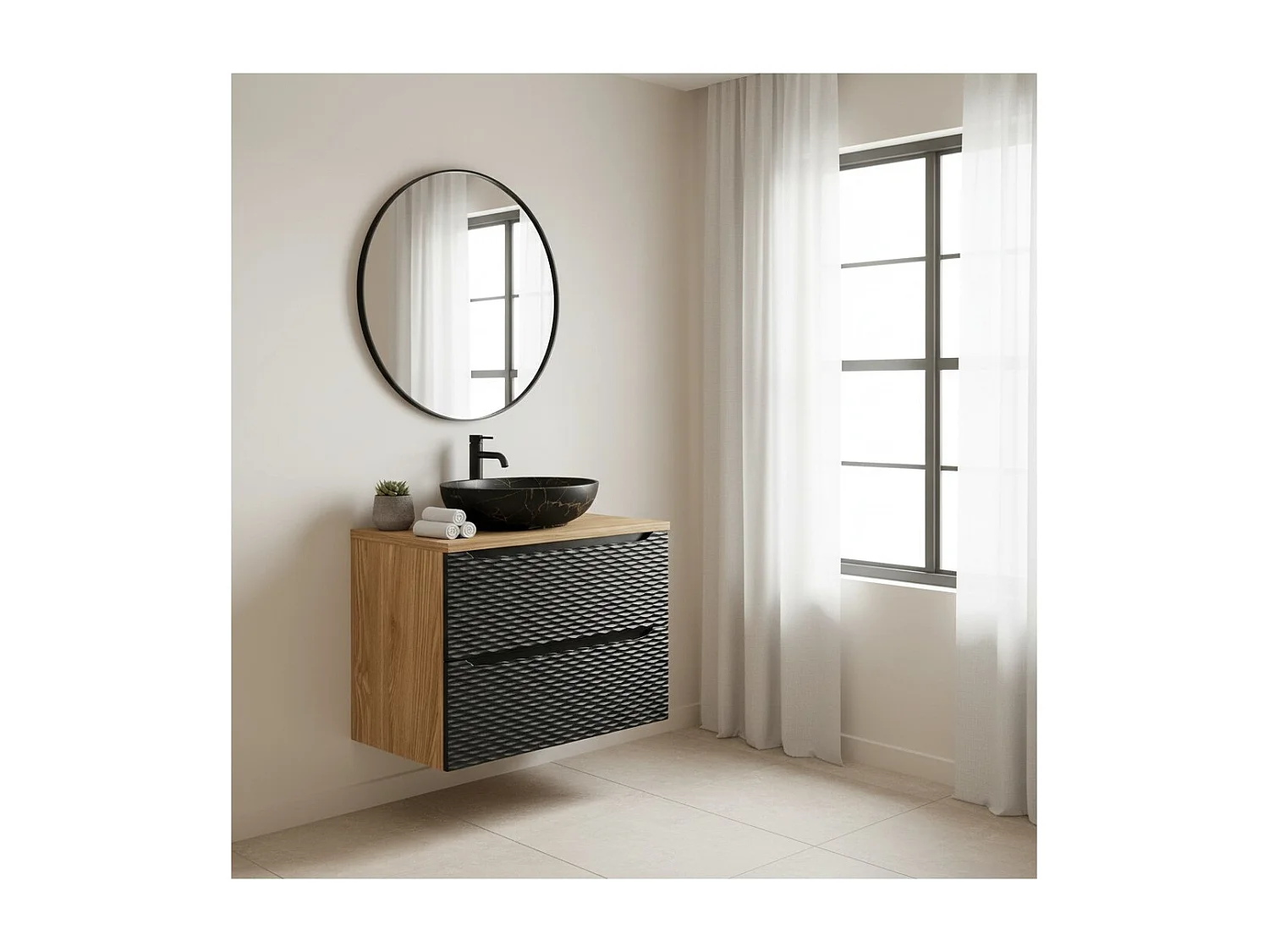 Ensemble de salle de bain YOKA noir : meuble sous vasque à tiroirs 80 cm, plan pour vasque, vasque effet marbre noir et or