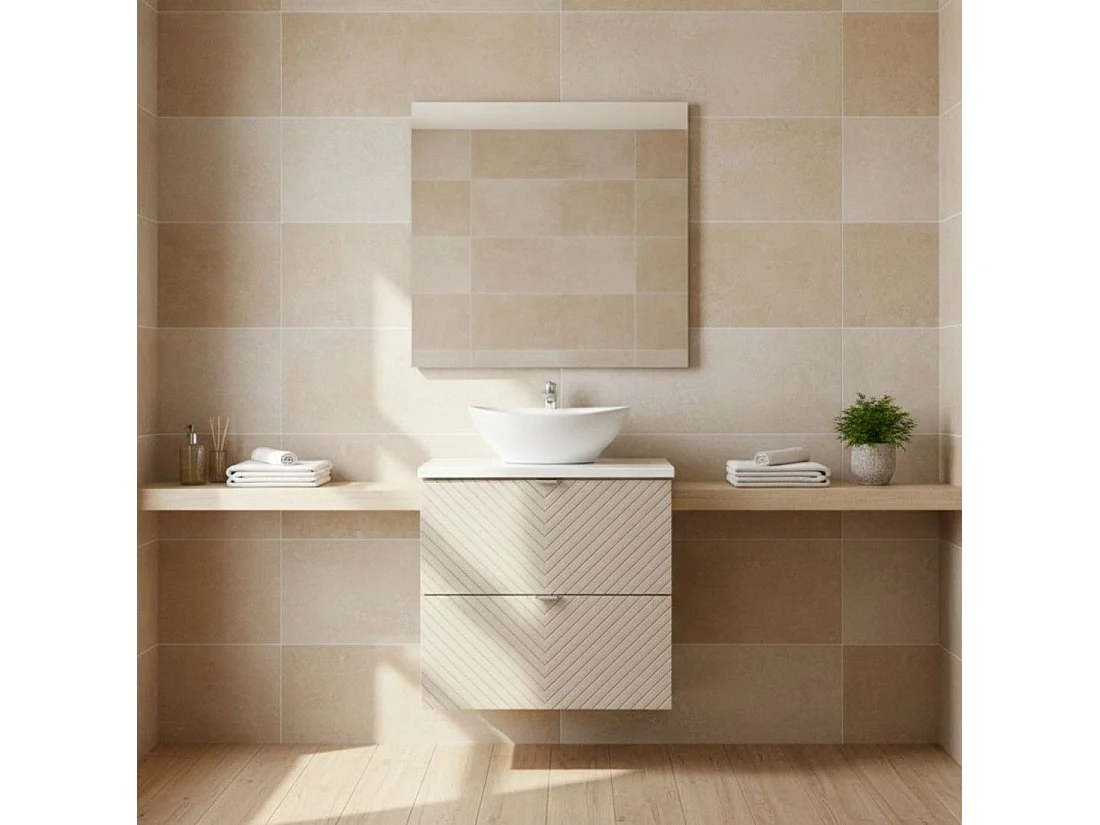 Ensemble de salle de bain AOKI : meuble sous vasque à tiroirs 60cm + plan vasque blanc + vasque blanche ronde à poser