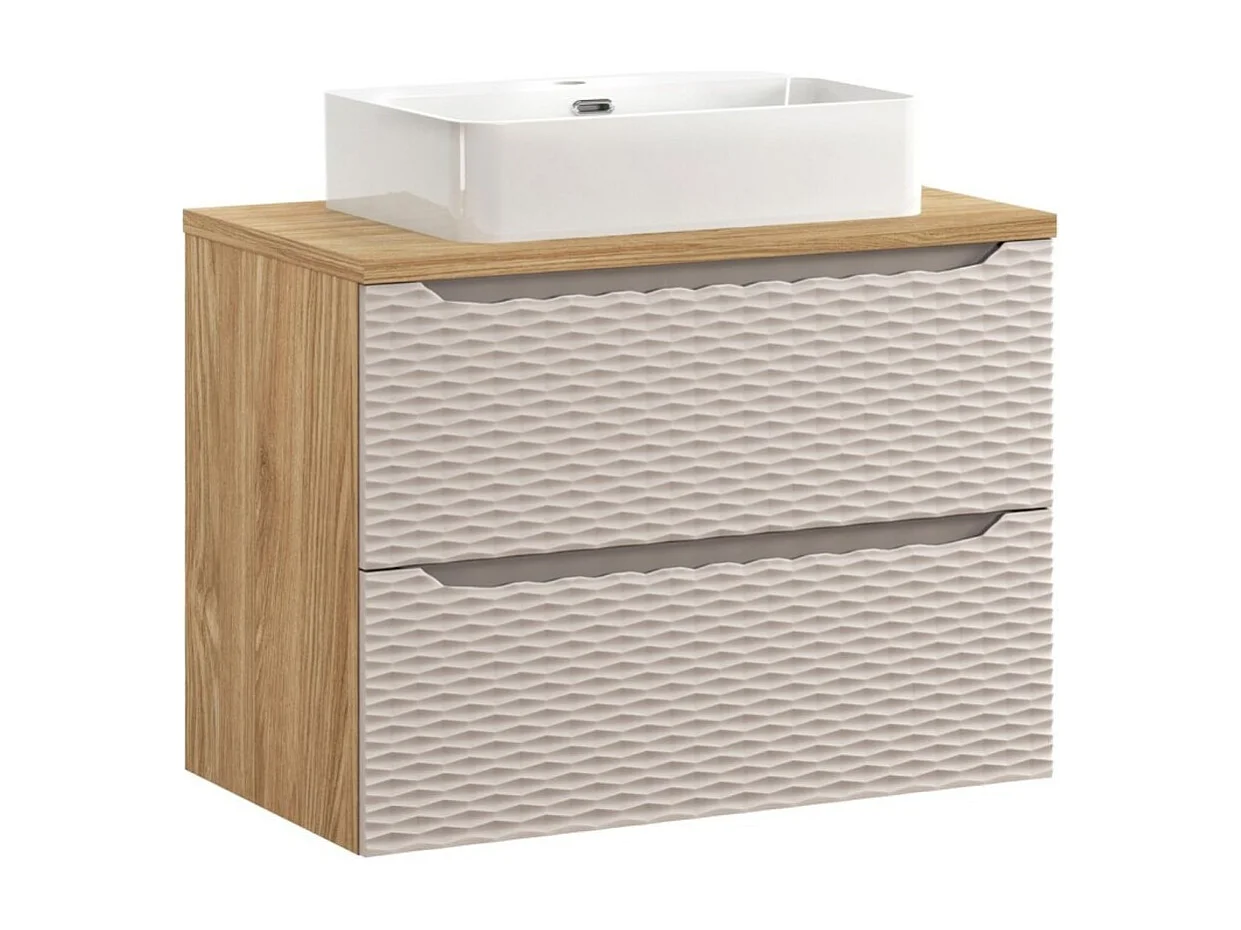 Ensemble de salle de bain YOKA beige : meuble sous vasque à tiroirs 80 cm + plan pour vasque + vasque à poser