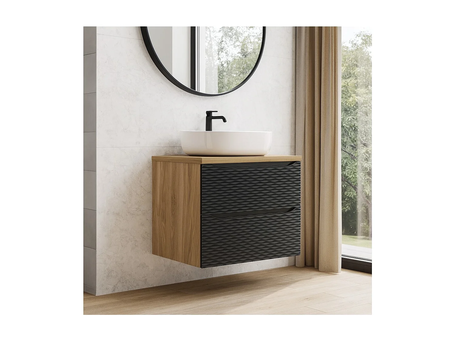 Ensemble de salle de bain YOKA noir : meuble sous vasque à tiroirs 60cm + plan pour vasque + vasque à poser