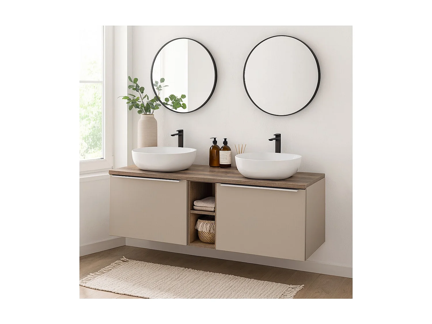 Ensemble VANTA taupe : meubles sous vasque 140cm + plan vasque + 2 vasques à poser