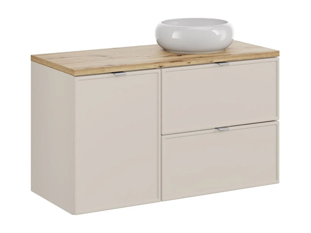 Ensemble BRAZZA : meubles sous vasque à tiroirs 100cm avec panier à linge + plan pour vasque aspect bois + vasque à poser ronde