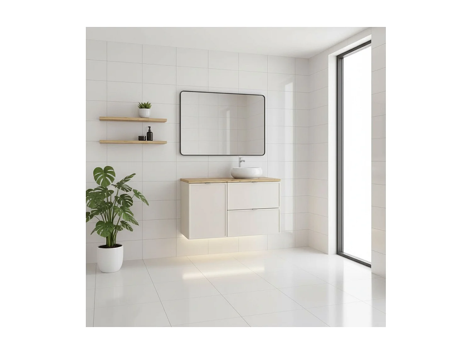 Ensemble BRAZZA : meubles sous vasque à tiroirs 100cm avec panier à linge + plan pour vasque aspect bois + vasque à poser ronde