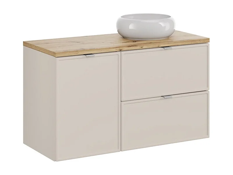 Ensemble BRAZZA : meubles sous vasque à tiroirs 100cm avec panier à linge + plan pour vasque aspect bois + vasque à poser ronde