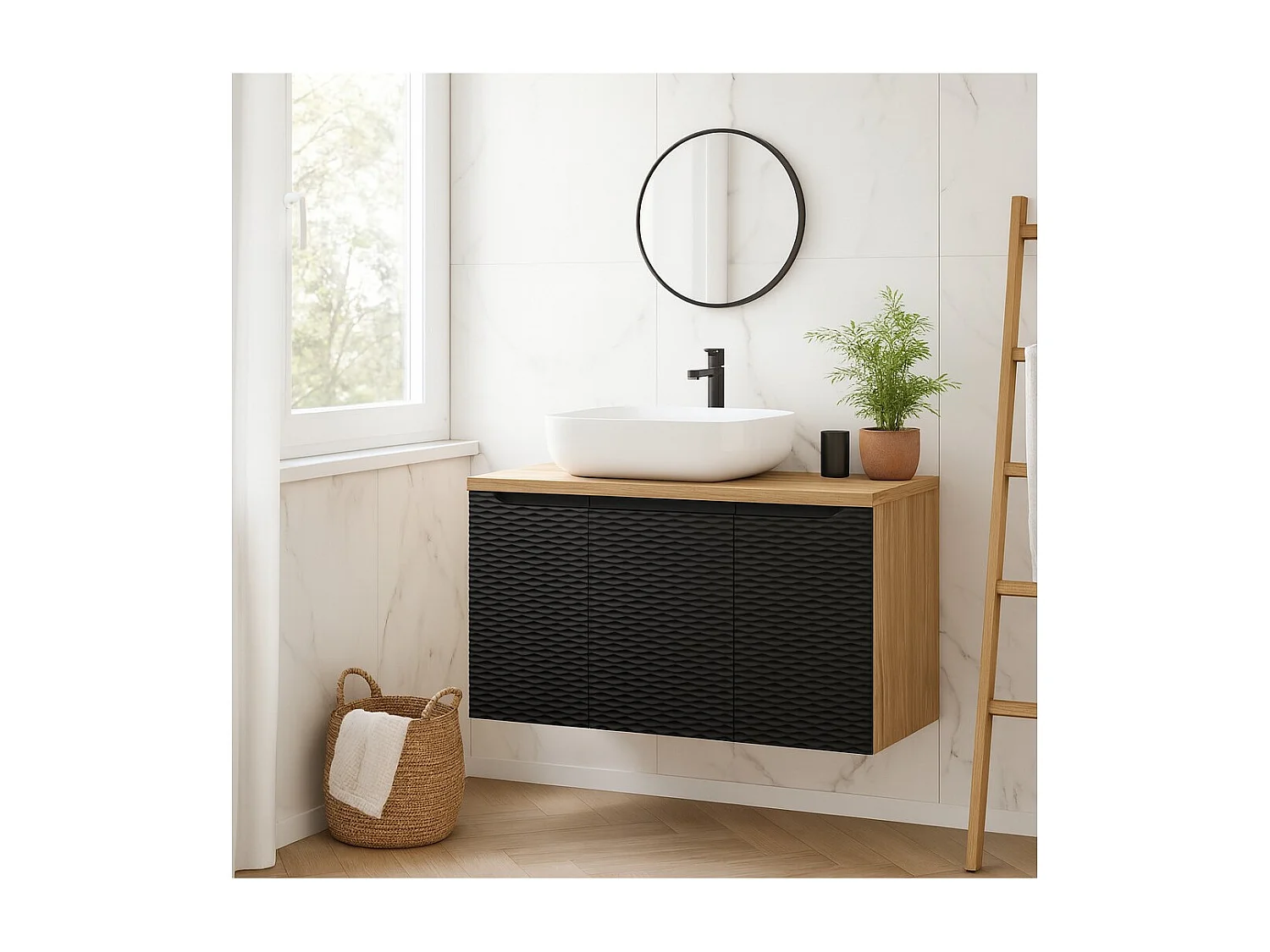 Ensemble de salle de bain YOKA noir : meubles sous vasque à placard 90cm + plan pour vasque + vasque à poser