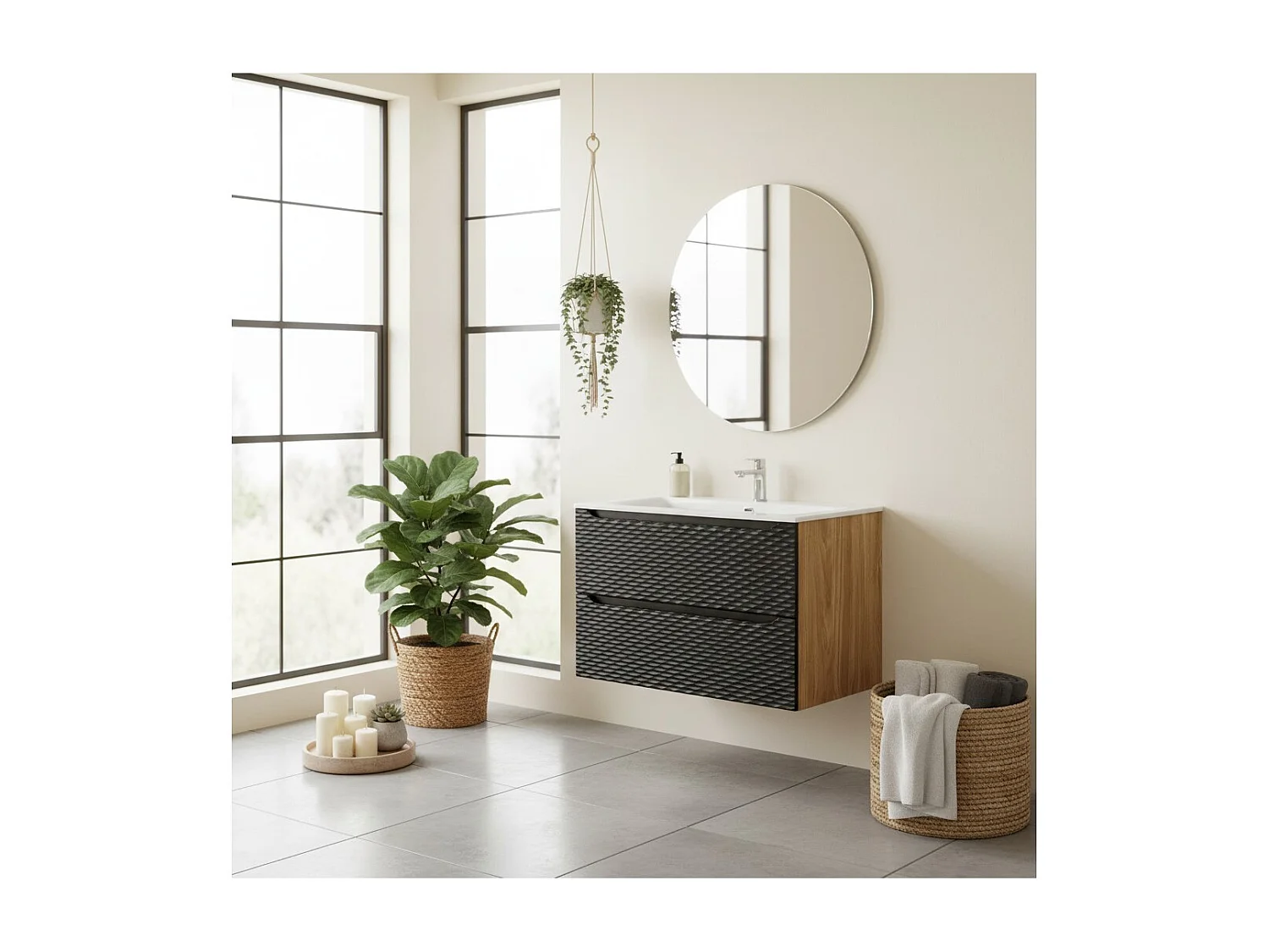 Ensemble de salle de bain YOKA noir : meuble sous vasque à tiroirs 90 cm + vasque à encastrer