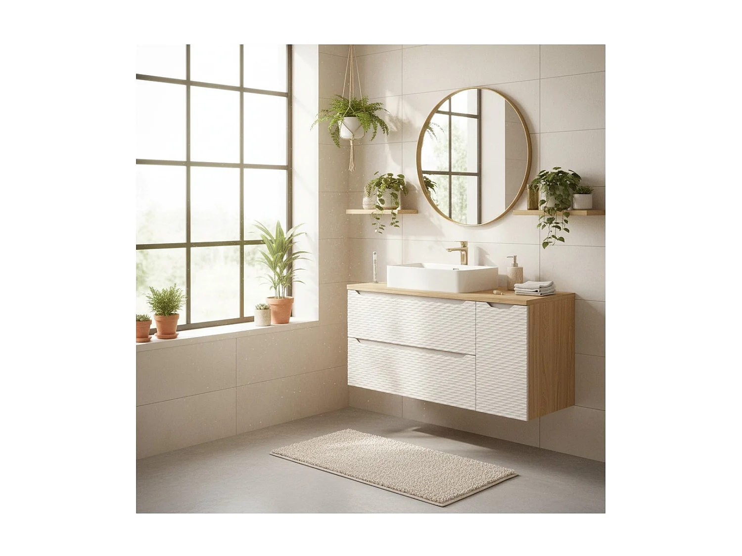 Ensemble de salle de bain YOKA beige : meuble sous vasque à tiroirs et placards 120 cm + plan pour vasque + vasque à poser