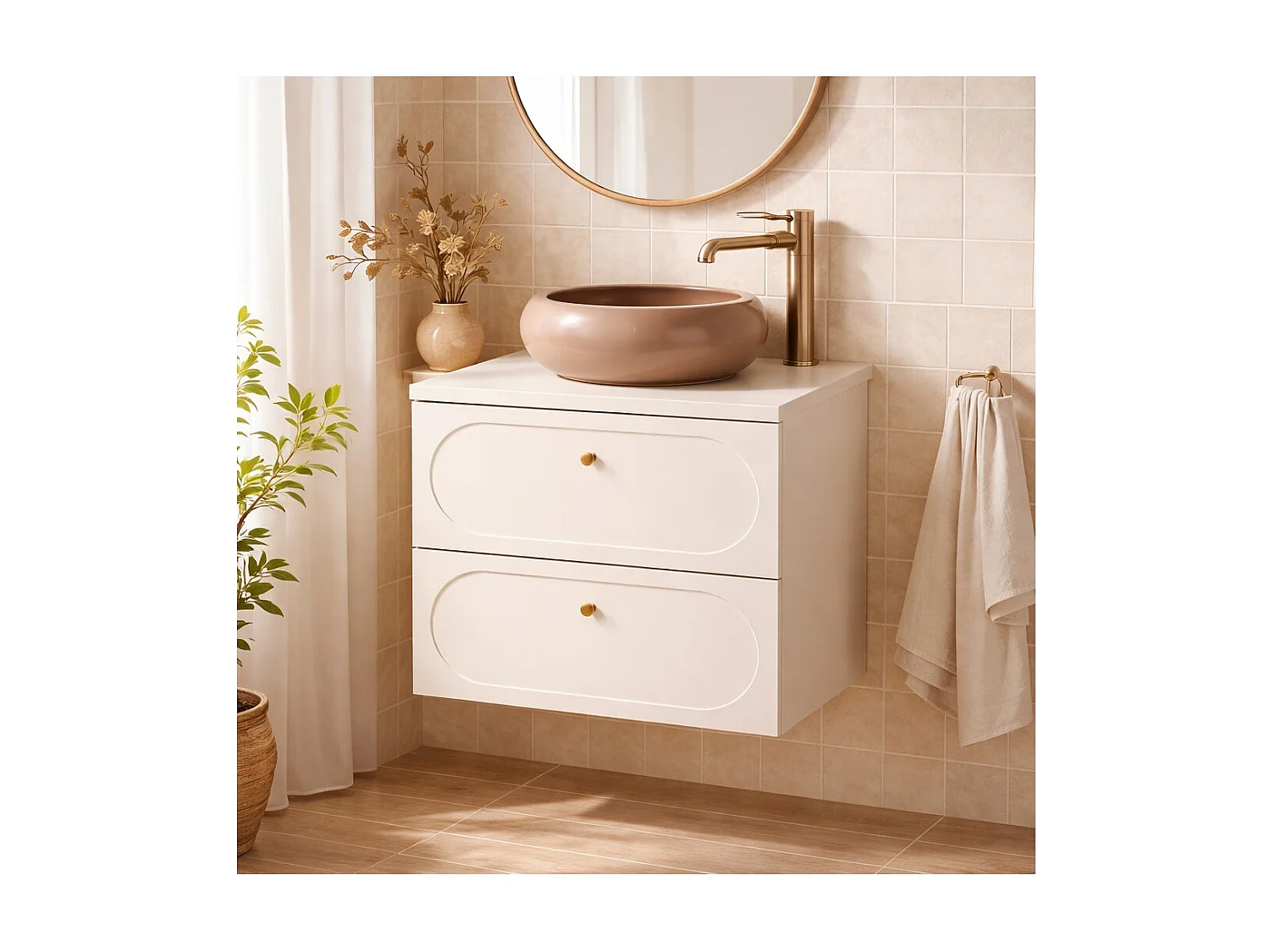 Ensemble de salle de bain TORNADO beige : meuble sous vasque 80cm + plan pour vasque