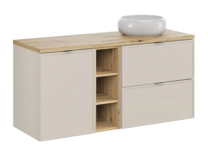 Ensemble BRAZZA : meubles sous vasque 120cm avec niches visibles et panier à linge + plan pour vasque + vasque à poser ronde