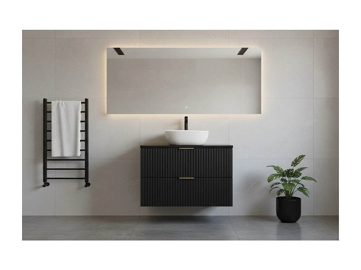 Meuble sous vasque NOXERA 80 cm – Noir mat – 2 tiroirs + plan pour vasque + vasque