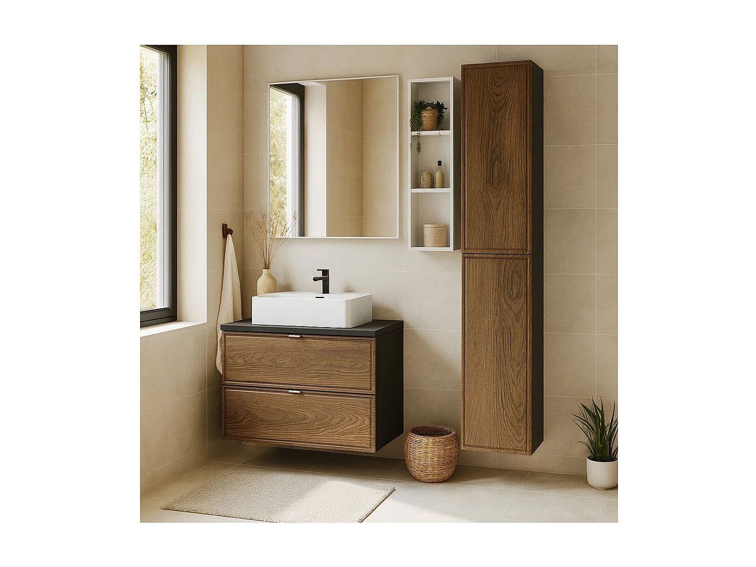 Badezimmer-Set SAVIA: Unterschrank 80cm + Waschtischplatte + Aufsatzwaschbecken