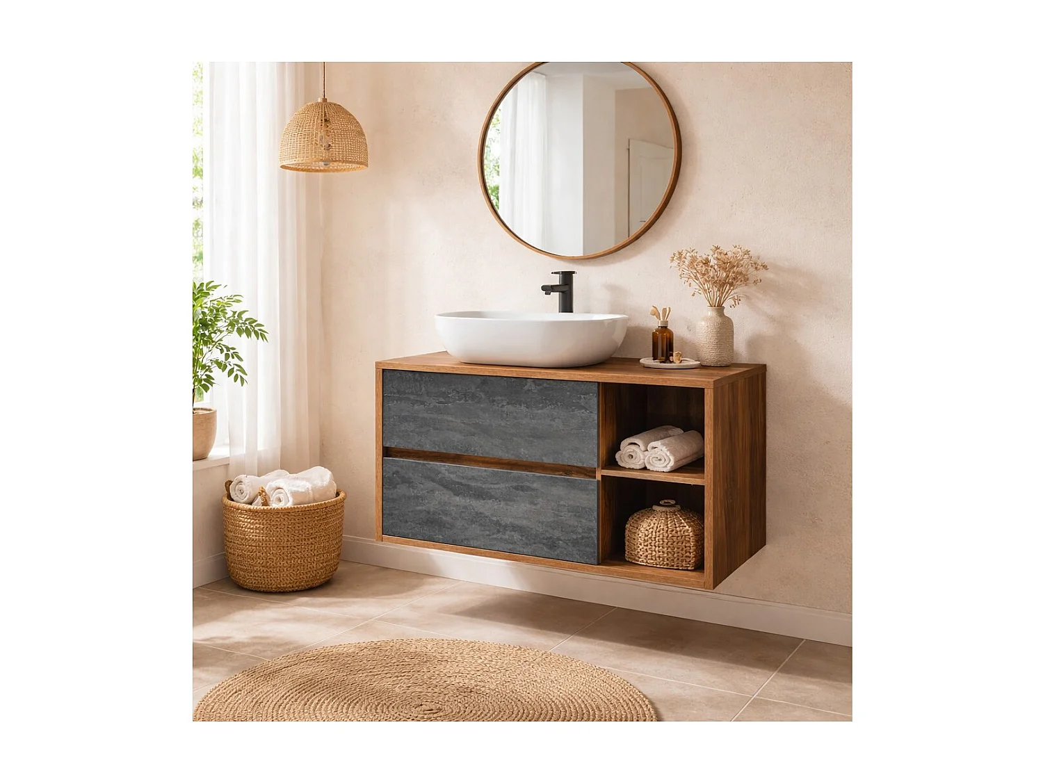 Ensemble de salle de bain GABI : meuble sous vasque 100cm + vasque à poser blanche rectangulaire arrondie