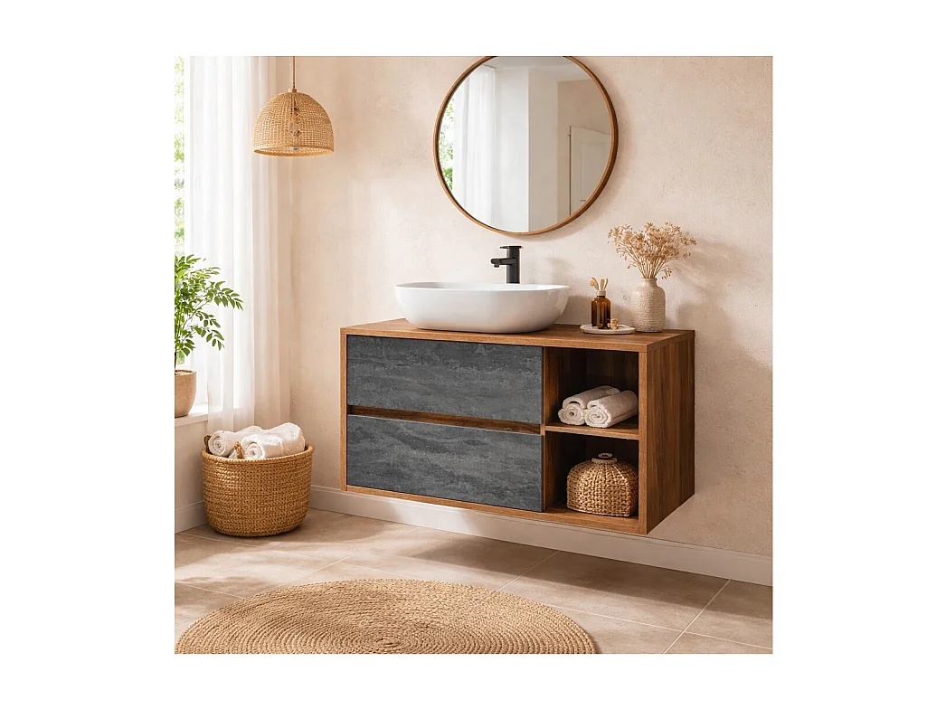 Ensemble de salle de bain GABI : meuble sous vasque 100cm + vasque à poser blanche rectangulaire arrondie