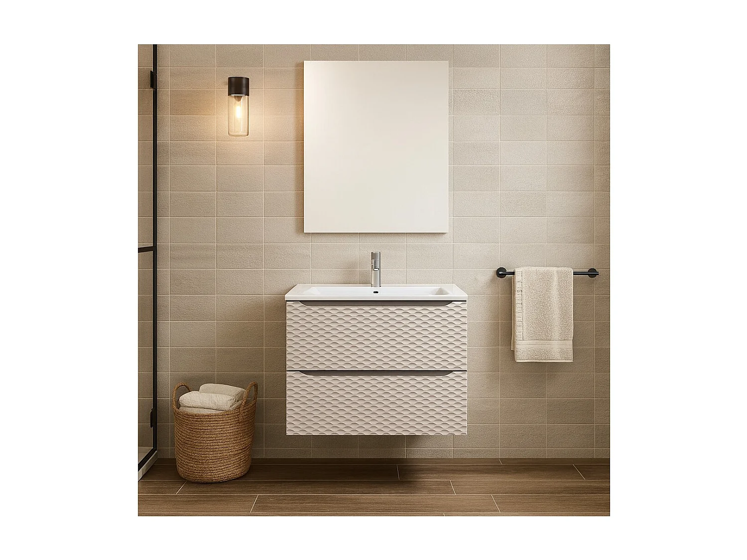 Ensemble de salle de bain YOKA beige : meuble sous vasque 90 cm + vasque encastrée