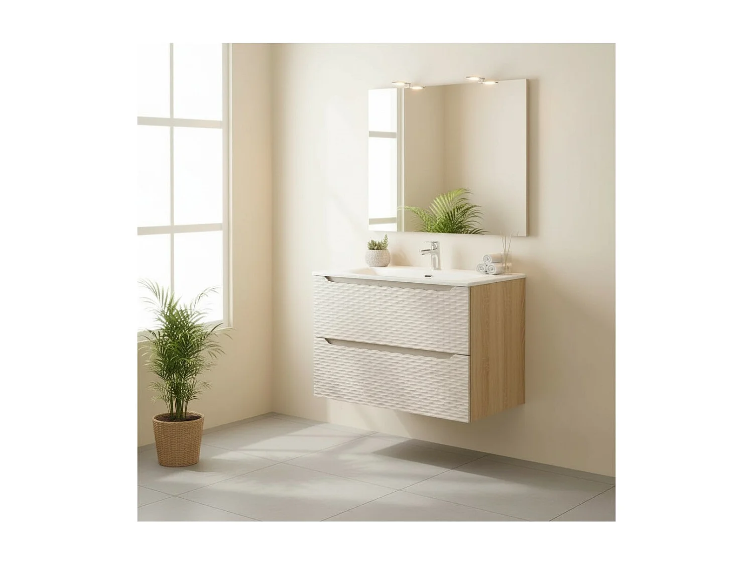 Ensemble de salle de bain YOKA beige : meuble sous vasque à tiroirs 80 cm + vasque à encastrer