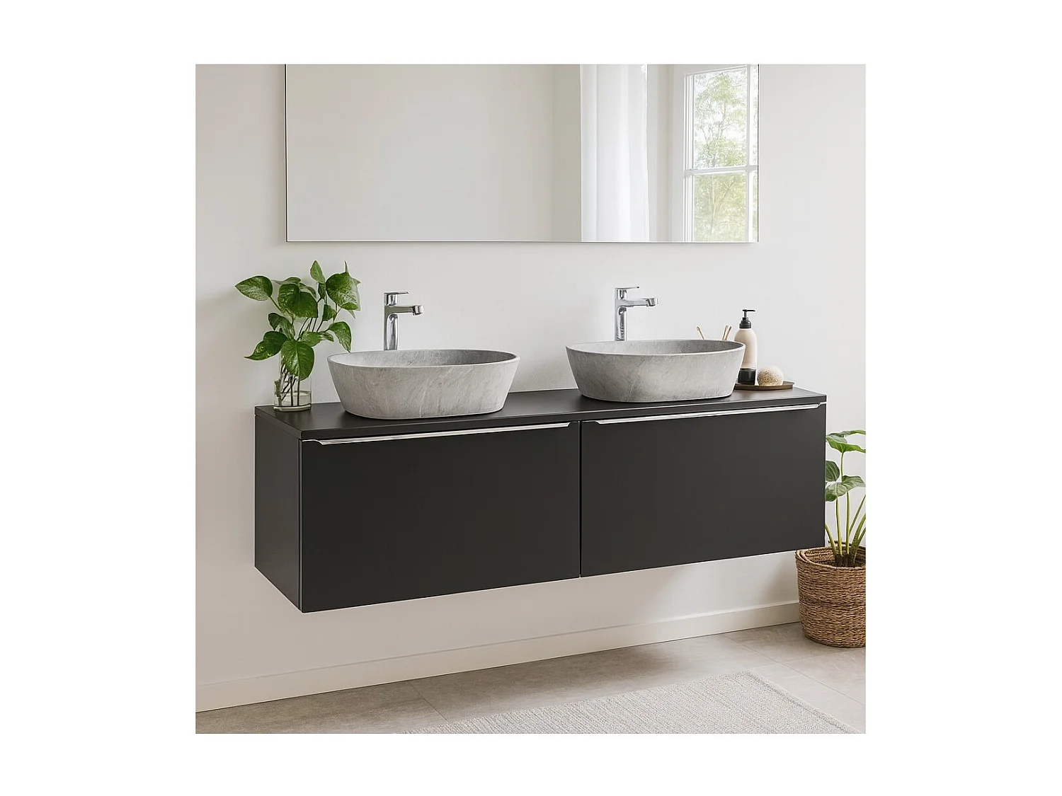 Ensemble de salle de bain VANTA : meubles sous vasque 160cm + plan pour vasque + 2 vasques grises à poser