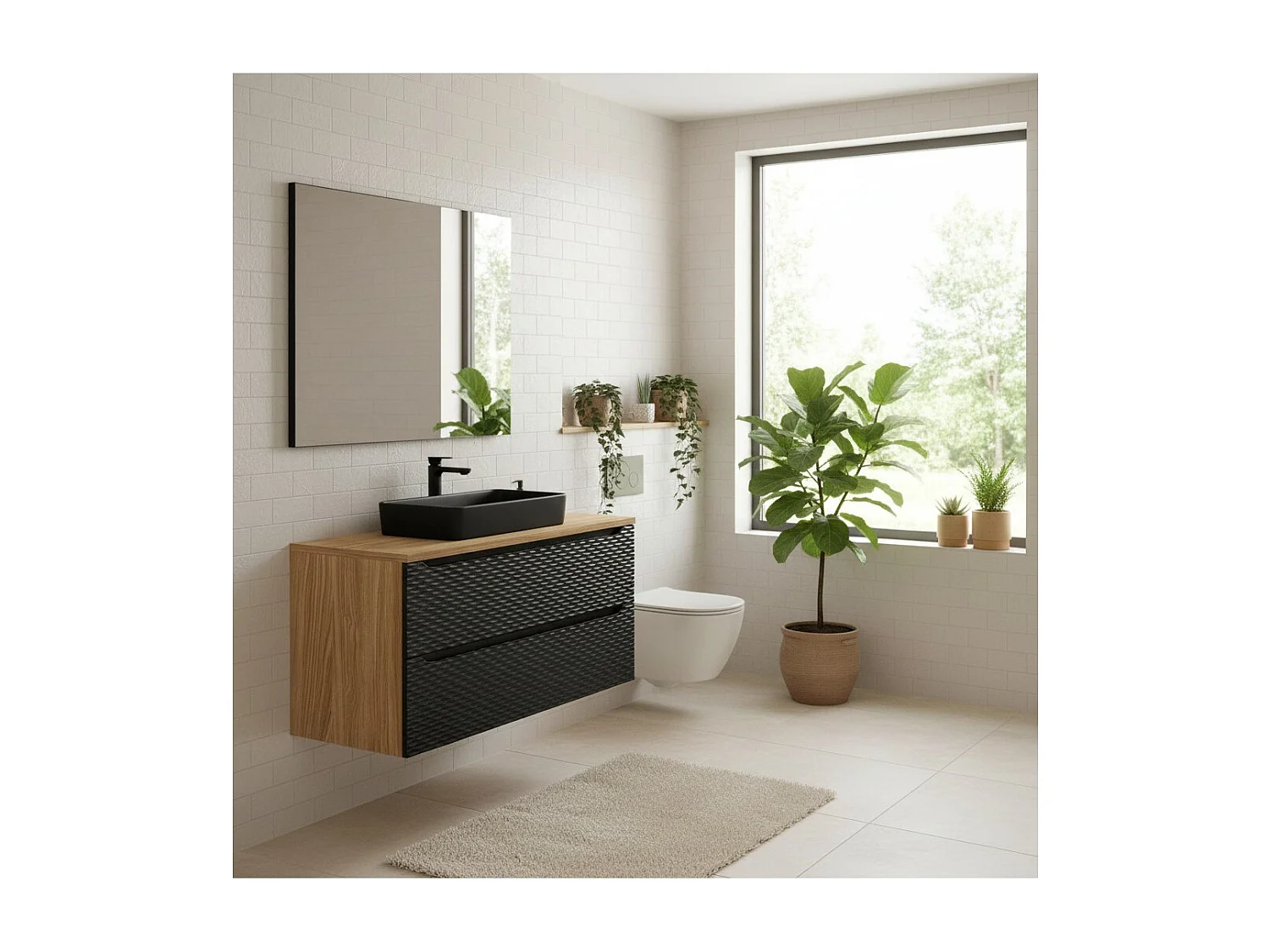 Ensemble de salle de bain YOKA noir : meuble sous vasque à tiroirs 120 cm + plan pour vasque + vasque à poser