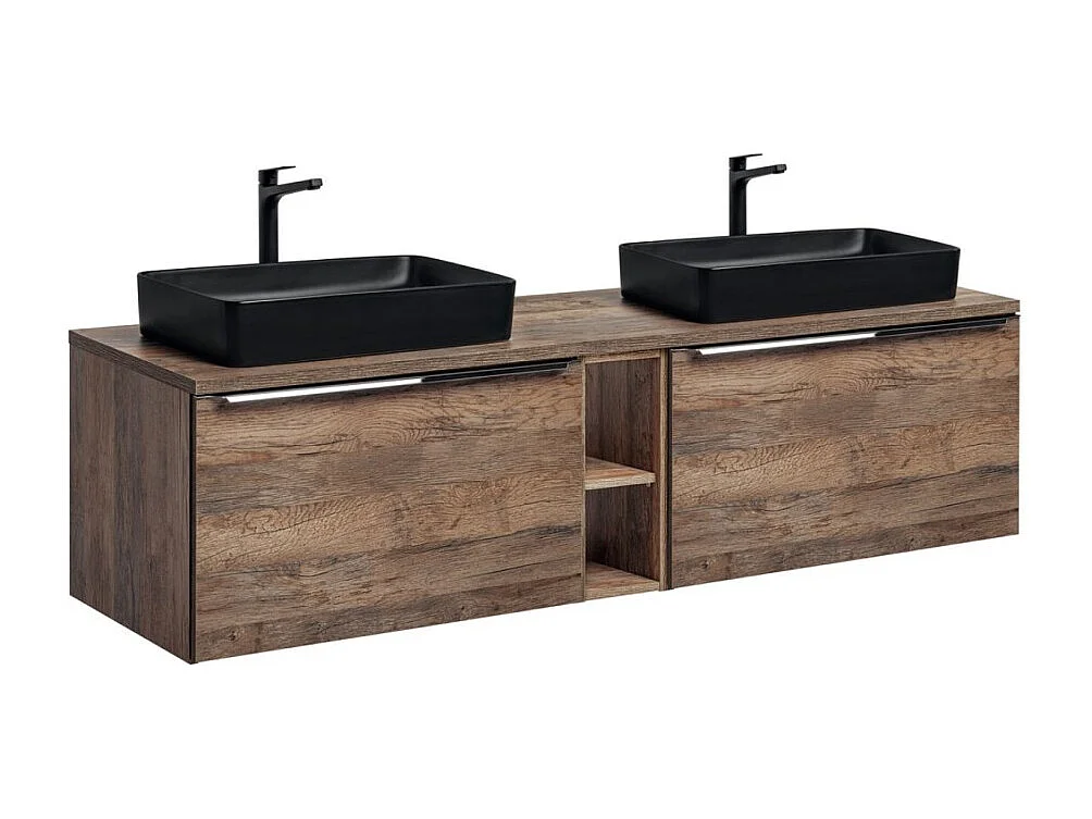 Ensemble de salle de bain VANTA chêne : meubles sous vasque 180cm + plan vasque + 2 vasques noires à poser