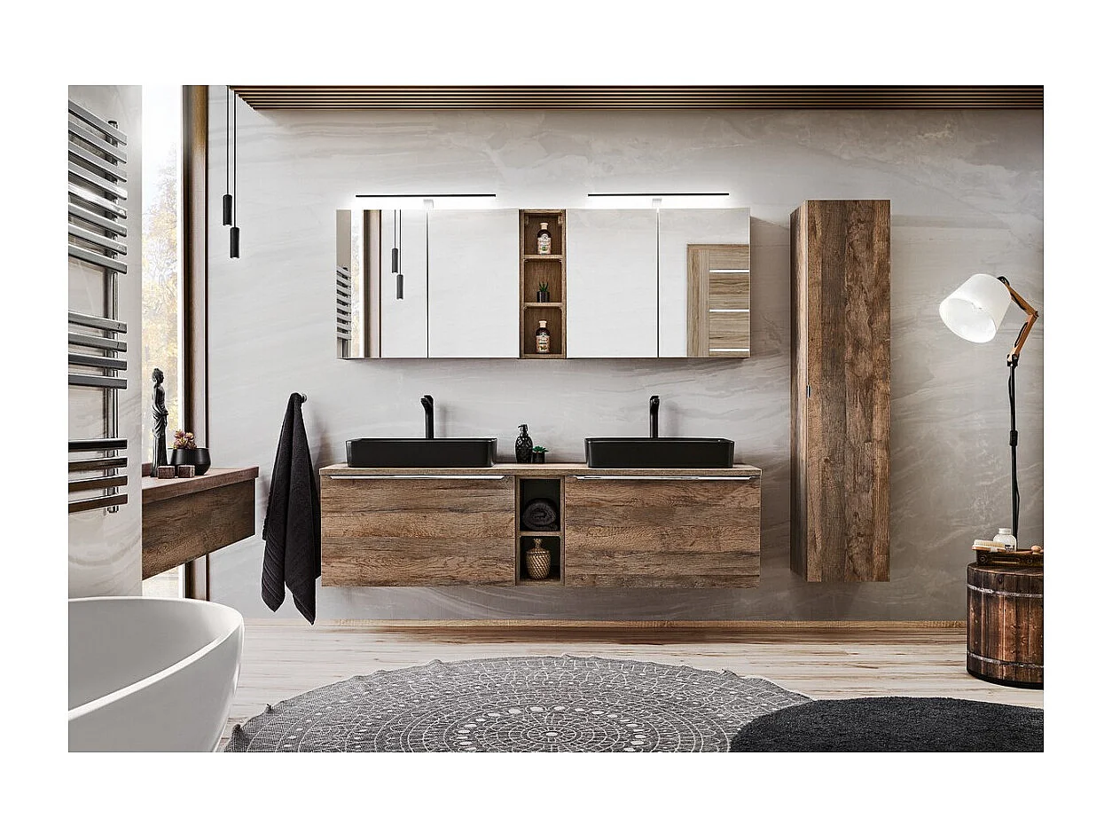 Ensemble de salle de bain VANTA chêne : meubles sous vasque 180cm + plan vasque + 2 vasques noires à poser