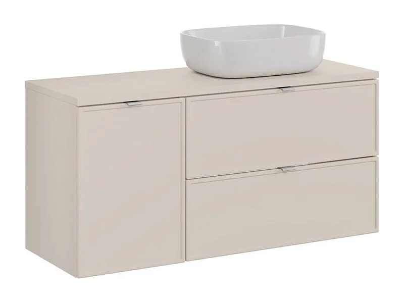 Ensemble BRAZZA : meubles sous vasque à tiroirs 120cm avec panier à linge + plan pour vasque + vasque à poser cachemire