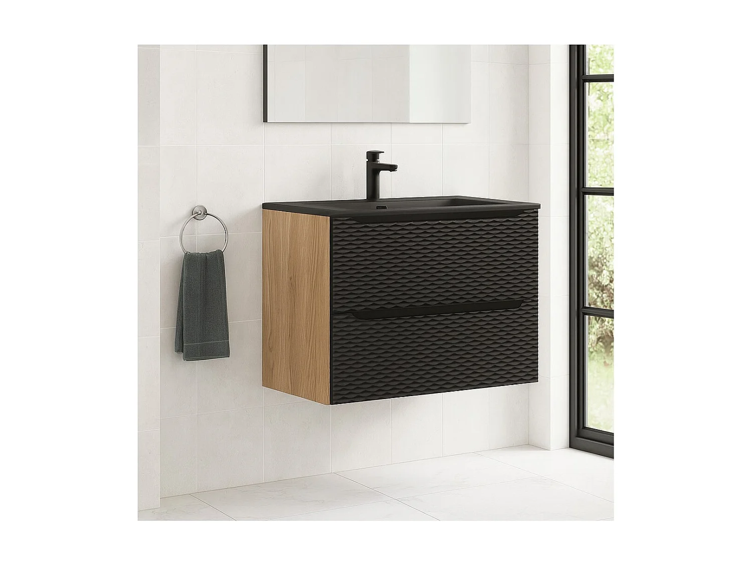 Ensemble de salle de bain YOKA noir : meuble sous vasque à tiroirs 80cm + vasque à encastrer noire