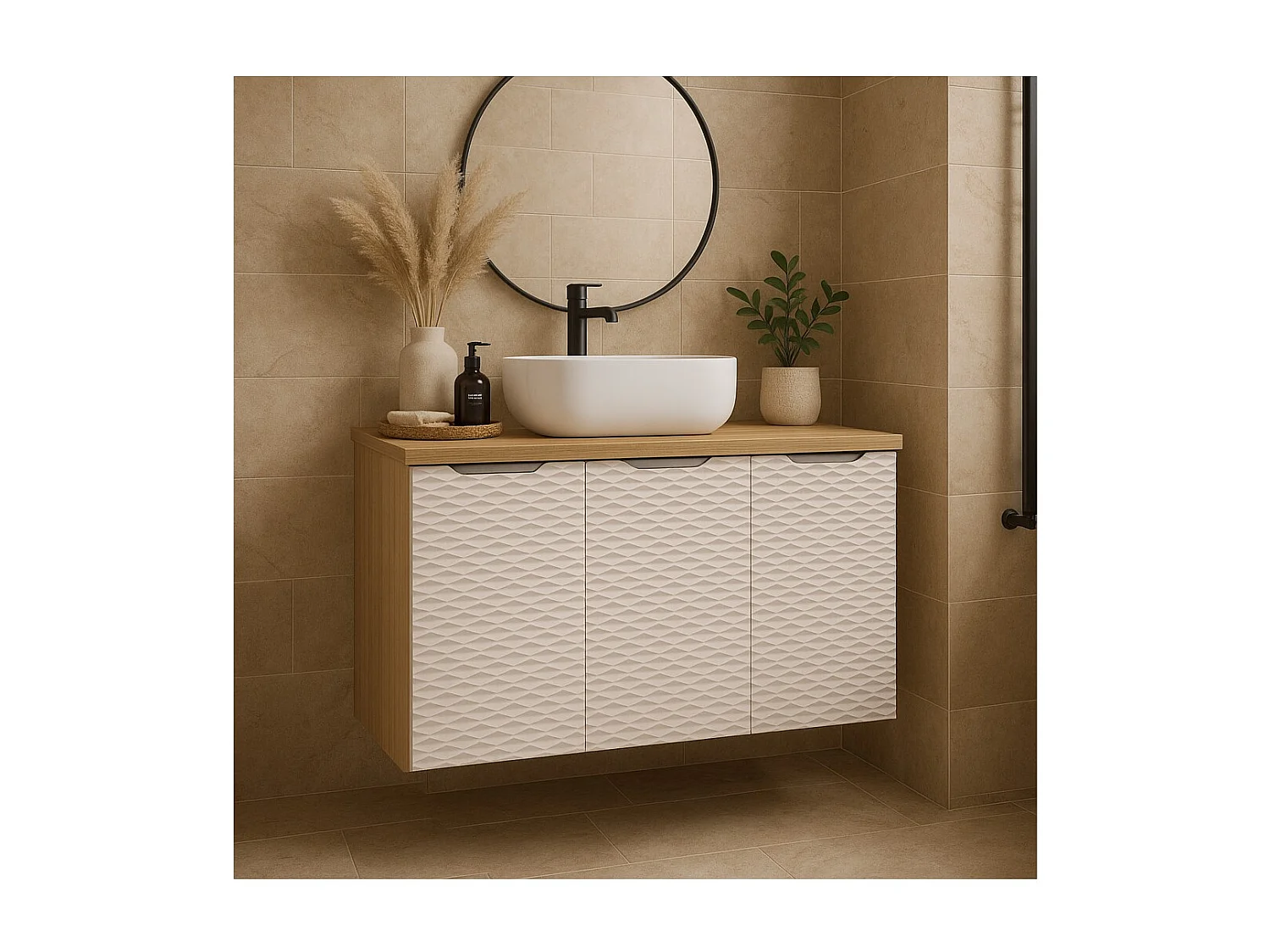 Ensemble de salle de bain YOKA beige : Meuble sous vasque 90 cm + plan pour vasque + vasque
