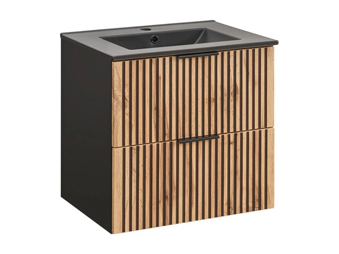 Ensemble de salle de bain KINOKO : meuble sous vasque à tiroirs 60cm + vasque à encastrer noire + siphon