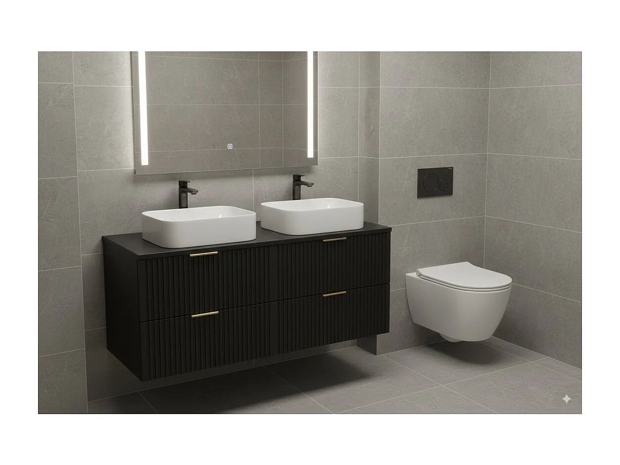 Grand meuble sous vasque NOXERA 120 cm – Noir mat – 4 tiroirs + 2 vasques à poser