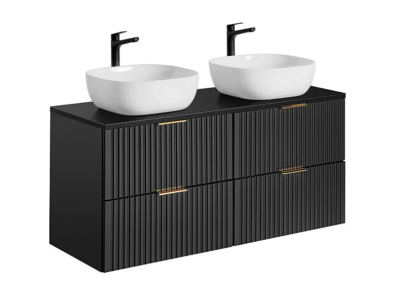 Grand meuble sous vasque NOXERA 120 cm – Noir mat – 4 tiroirs + 2 vasques à poser