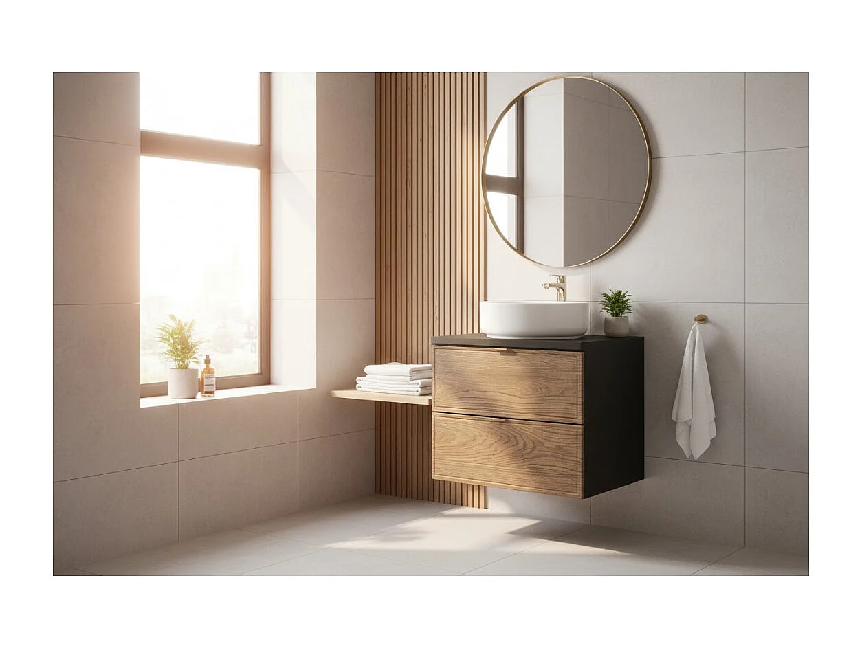 Ensemble de salle de bain SAVIA : meuble sous vasque 60cm + plan vasque + vasque à poser ronde