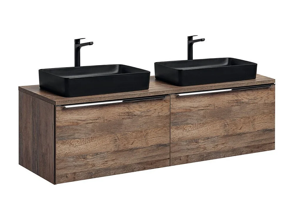 Ensemble de salle de bain VANTA chêne : meubles sous vasque 160cm + plan vasque + 2 vasques noires à poser