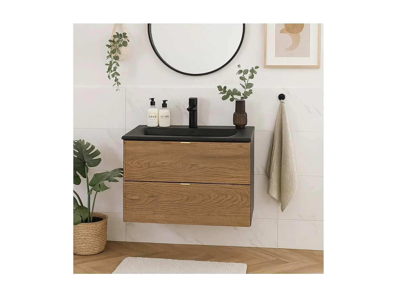 Conjunto para baño SAVIA: mueble bajo lavabo 80cm + lavabo encastrable negro