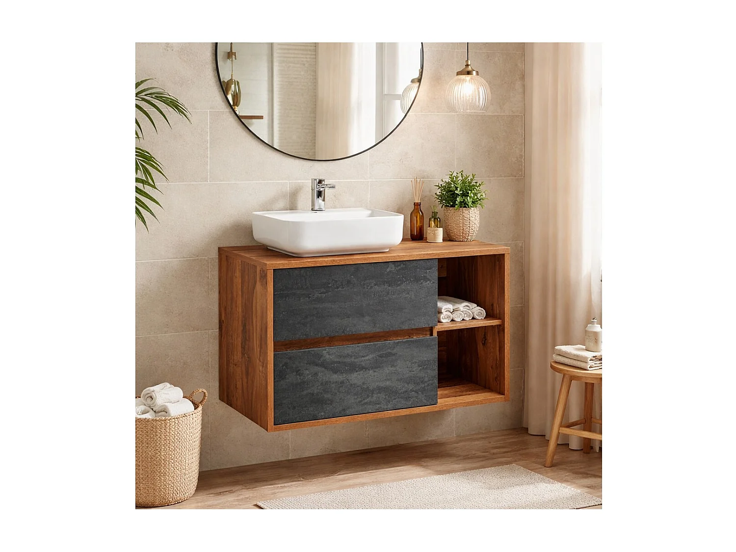 Ensemble de salle de bain GABI : meuble sous vasque 100cm + vasque à poser blanche rectangulaire