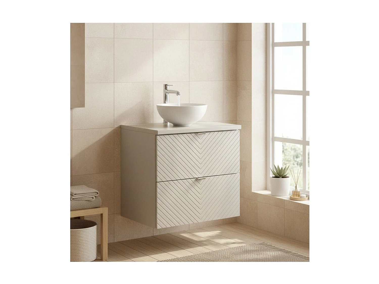 Insieme AOKI: mobile sotto lavabo con cassetti 60cm + piano lavabo beige + lavabo rotondo bianco da appoggio