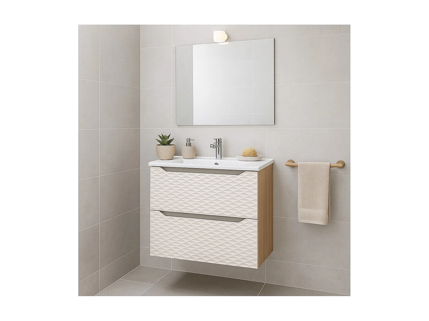 Ensemble de salle de bain YOKA beige : meuble sous vasque 60 cm + vasque encastrée