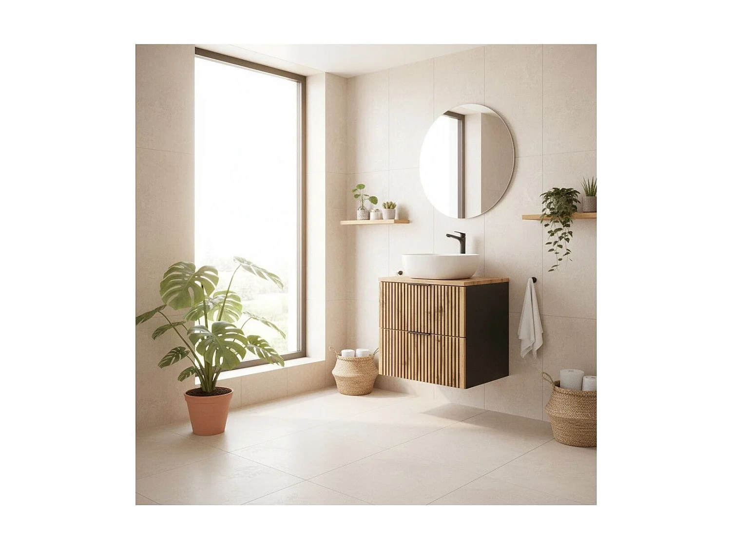 Insieme KINOKO: mobile sottolavabo con cassetti 60cm + piano lavabo in rovere + lavabo bianco quadrato da appoggio
