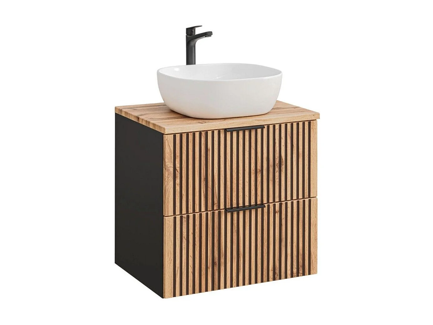 Insieme KINOKO: mobile sottolavabo con cassetti 60cm + piano lavabo in rovere + lavabo bianco quadrato da appoggio