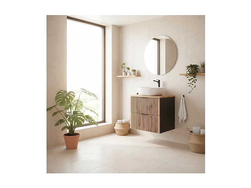 Insieme KINOKO: mobile sottolavabo con cassetti 60cm + piano lavabo in rovere + lavabo bianco quadrato da appoggio